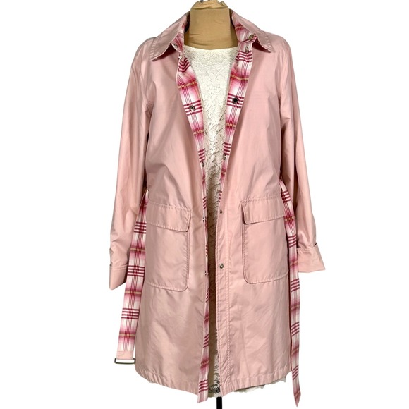 Bernardo Reversible Trench Coat Petal Pink Plaid Belted Lightweight Jacket‎ M - Picture 3 of 10